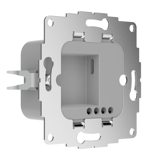 Metal mounting frame for electrical wall socket, showing internal box and screw holes