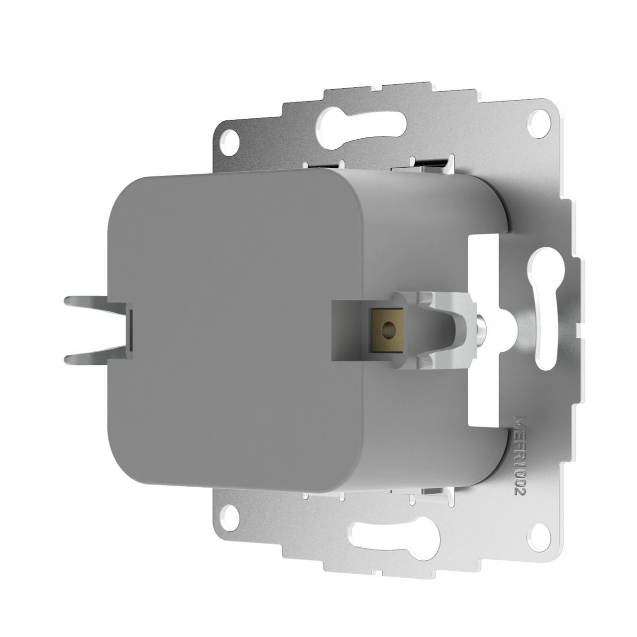 Metal mounting frame for electrical wall socket, showing internal box and screw holes from the other side