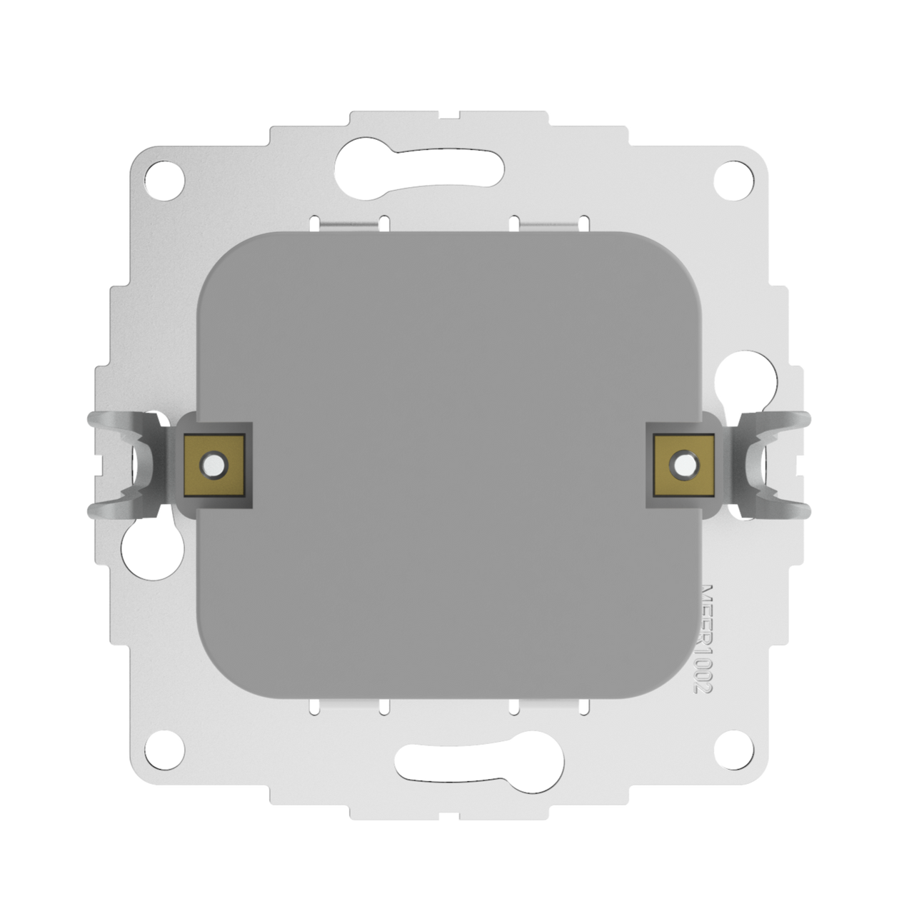 Metal mounting frame for electrical wall socket, showing internal box and screw holes from the back
