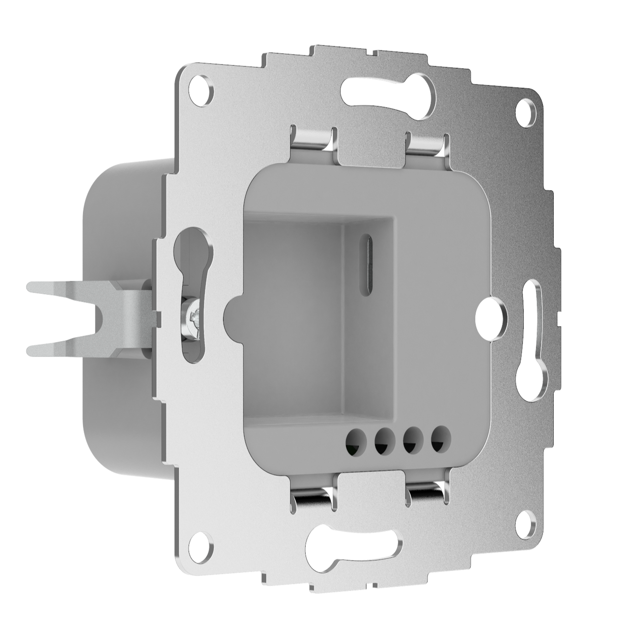 Metal mounting frame for electrical wall socket, showing internal box and screw holes