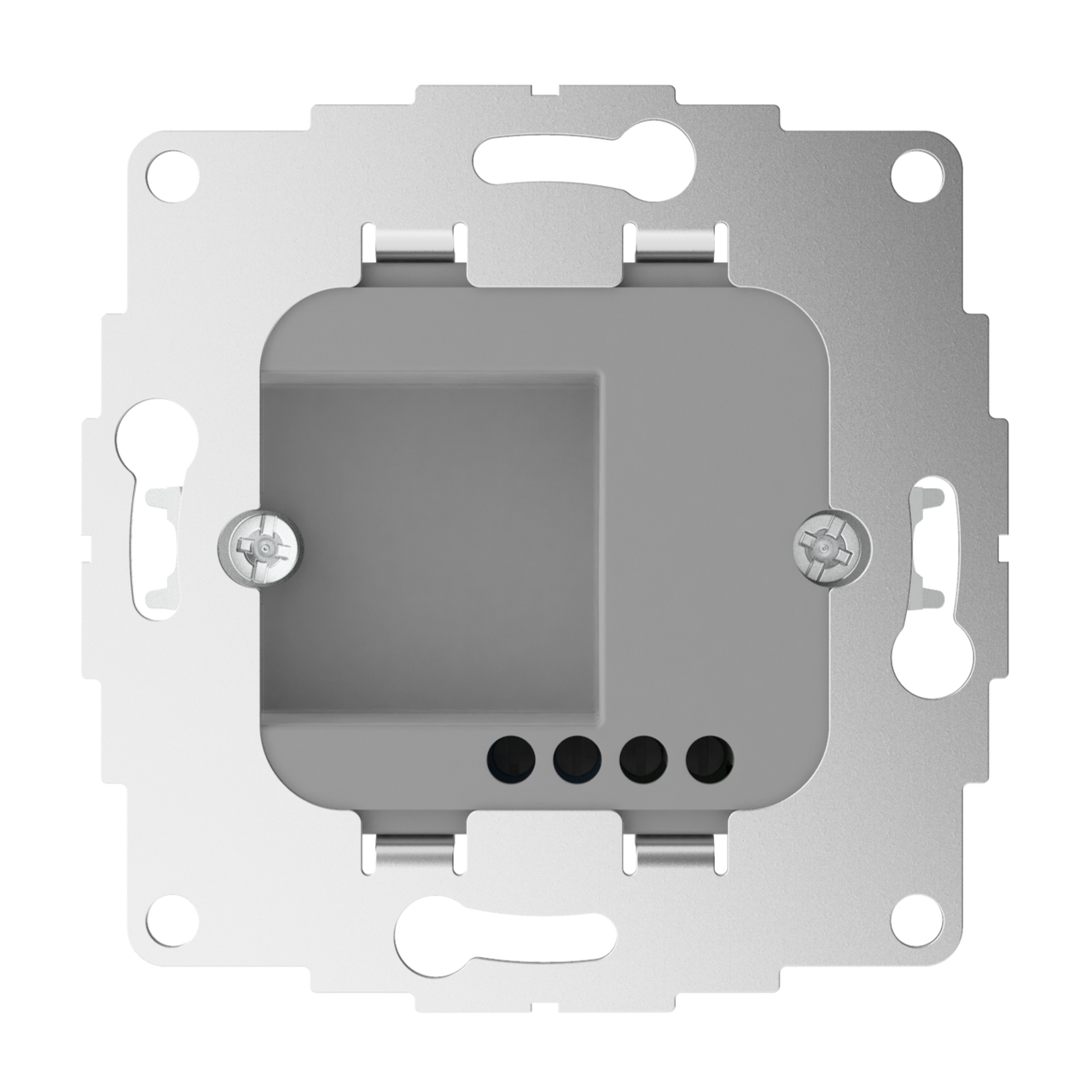 Metal mounting frame for electrical wall socket, showing internal box and screw holes