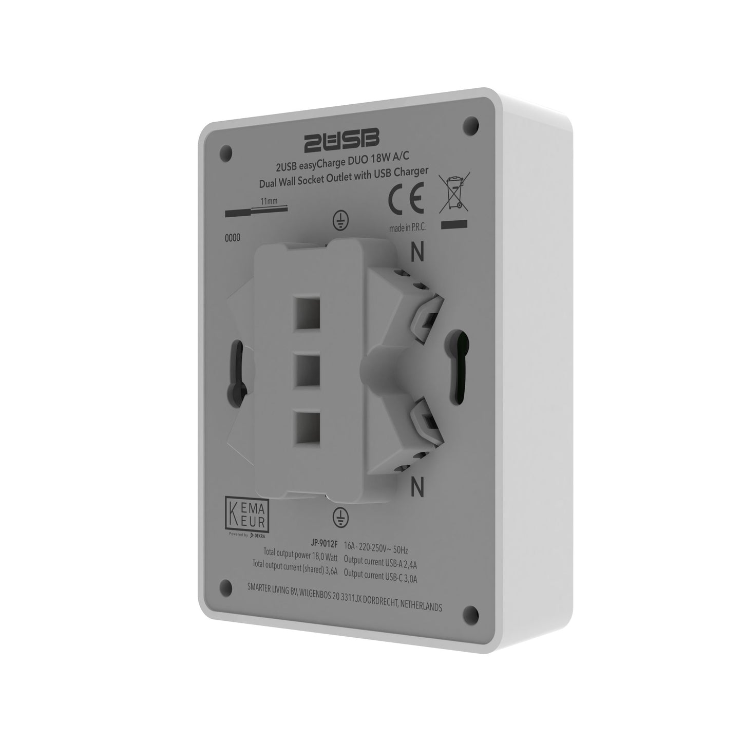 Double socket outlet with USB-A and USB C, white, from the back