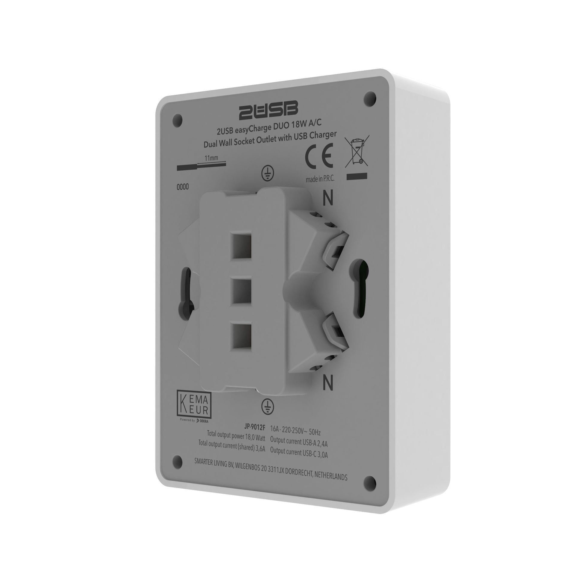 Double socket outlet with USB-A and USB C, white, from the back